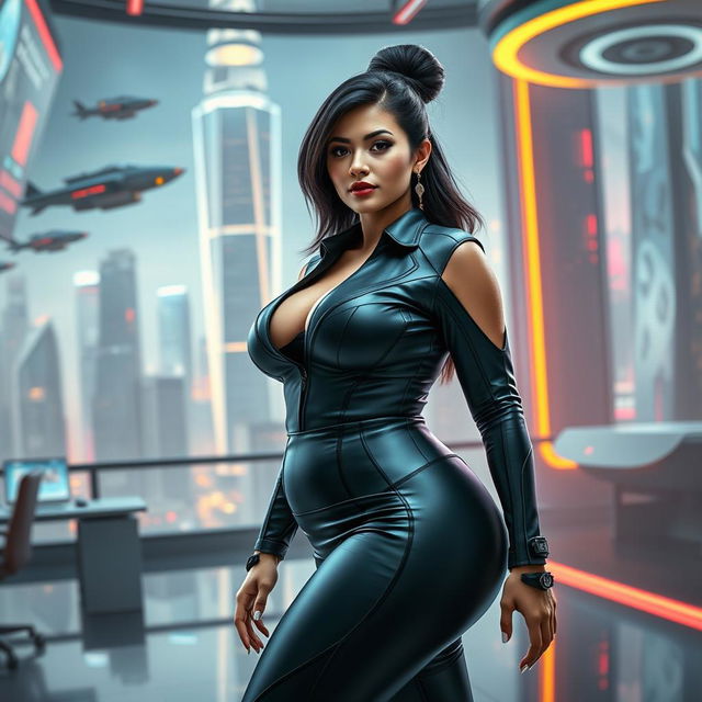 A voluptuous woman in a striking cyberpunk universe, dressed in sleek, high-tech corporate attire that accentuates her curvy body