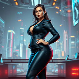 A voluptuous woman in a striking cyberpunk universe, dressed in sleek, high-tech corporate attire that accentuates her curvy body