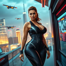 A voluptuous woman in a striking cyberpunk universe, dressed in sleek, high-tech corporate attire that accentuates her curvy body