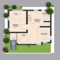 A well-planned 2 Bedroom & 2 Bathroom plot map design with a dedicated car parking area on a 30x30 feet plot. The design should showcase thoughtful space management and appealing layout.