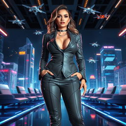 A voluptuous woman in a captivating cyberpunk universe, dressed in tailored corporate attire that enhances her curvy body