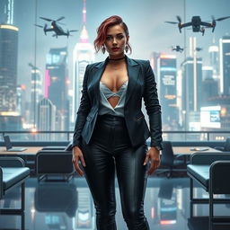 A voluptuous woman in a captivating cyberpunk universe, dressed in tailored corporate attire that enhances her curvy body