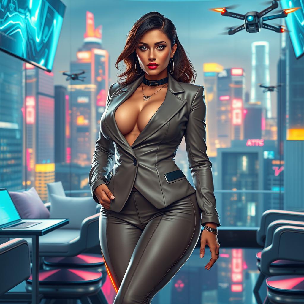 A voluptuous woman in a captivating cyberpunk universe, dressed in tailored corporate attire that enhances her curvy body