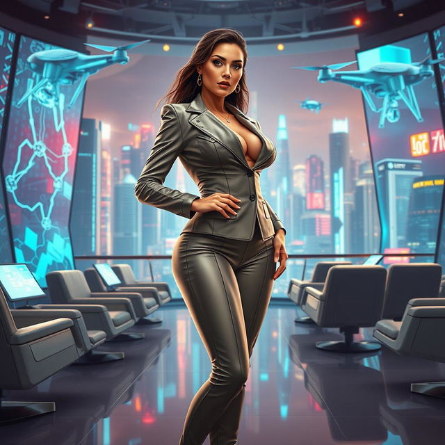 A voluptuous woman in a captivating cyberpunk universe, dressed in tailored corporate attire that enhances her curvy body