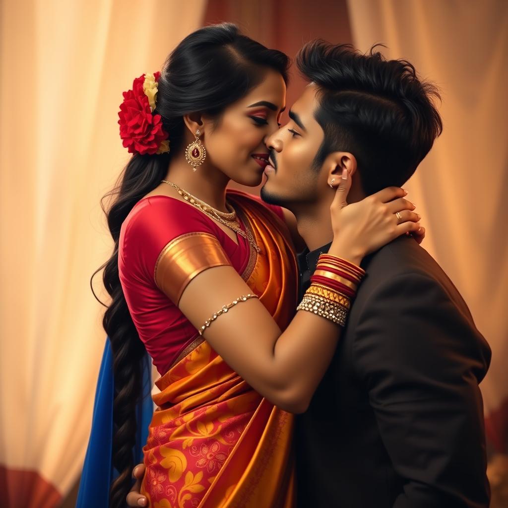 A sensual scene featuring a captivating Indian woman in traditional attire, such as a vibrant sari, with intricate patterns and bold colors, passionately kissing a handsome man