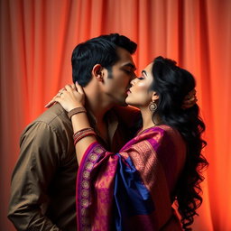 A sensual scene featuring a captivating Indian woman in traditional attire, such as a vibrant sari, with intricate patterns and bold colors, passionately kissing a handsome man