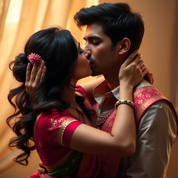 A sensual scene featuring a captivating Indian woman in traditional attire, such as a vibrant sari, with intricate patterns and bold colors, passionately kissing a handsome man