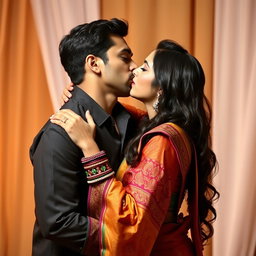 A sensual scene featuring a captivating Indian woman in traditional attire, such as a vibrant sari, with intricate patterns and bold colors, passionately kissing a handsome man
