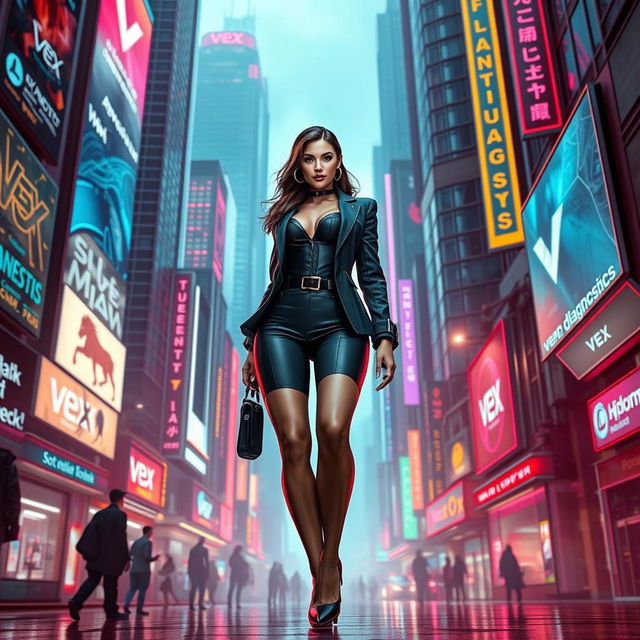 A voluptuous woman in a vibrant cyberpunk universe, exuding confidence and power, dressed in cutting-edge corporate attire befitting a representative of 'Vex Diagnostics'