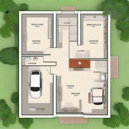 A well-planned 2 Bedroom & 2 Bathroom plot map design with a dedicated car parking area on a 30x30 feet plot. The design should showcase thoughtful space management and appealing layout.