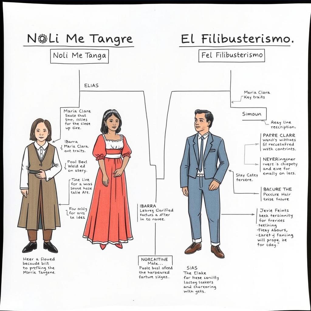 Create a detailed character map illustrating the main characters of the novels "Noli Me Tangere" and "El Filibusterismo"