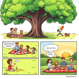 A colorful comic strip illustrating an anecdote about a memorable family picnic in a lush green park