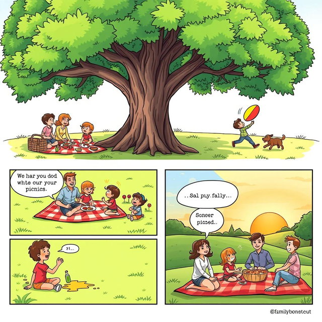 A colorful comic strip illustrating an anecdote about a memorable family picnic in a lush green park