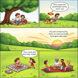 A colorful comic strip illustrating an anecdote about a memorable family picnic in a lush green park