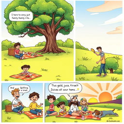 A colorful comic strip illustrating an anecdote about a memorable family picnic in a lush green park