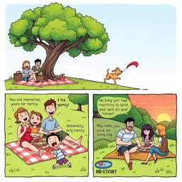 A colorful comic strip illustrating an anecdote about a memorable family picnic in a lush green park