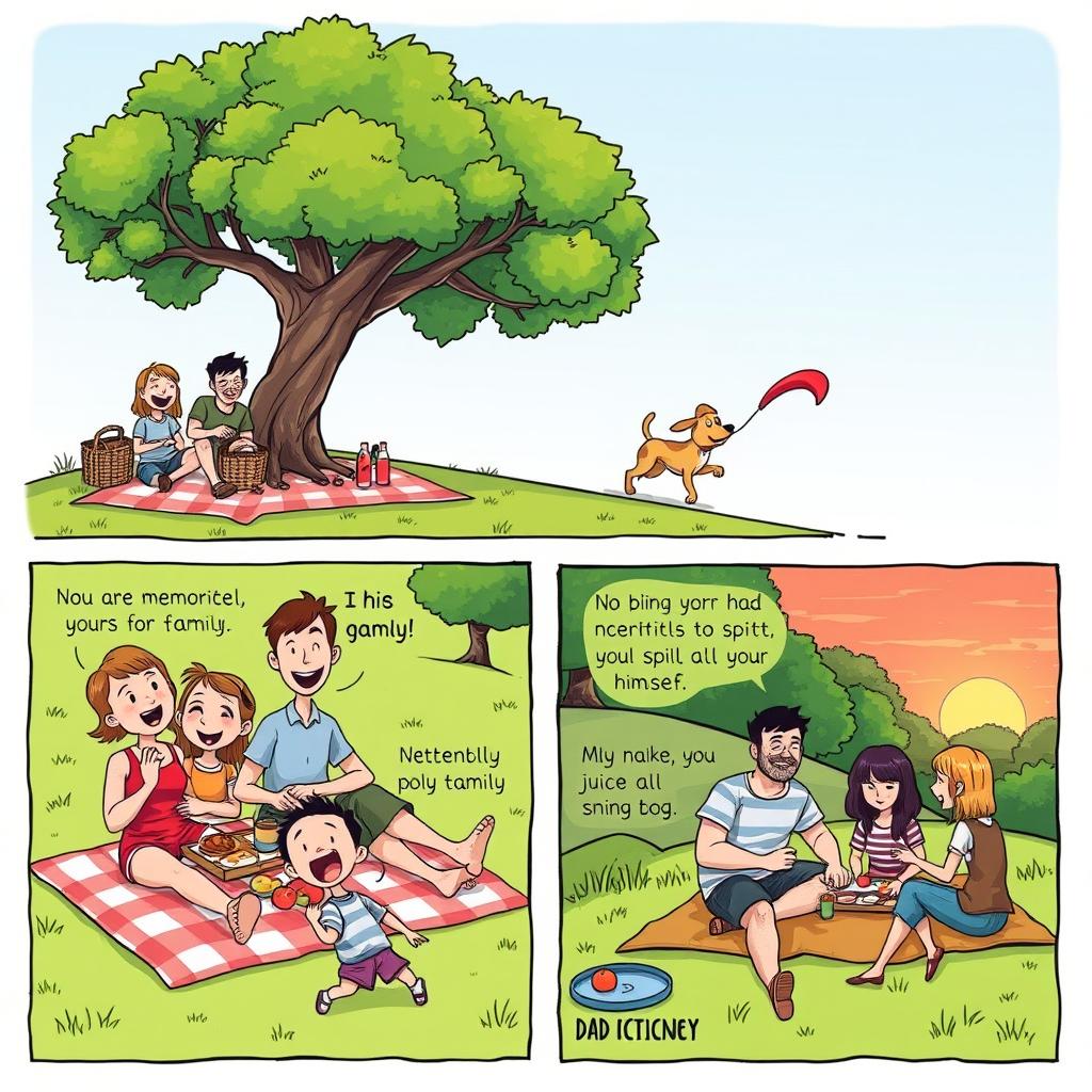 A colorful comic strip illustrating an anecdote about a memorable family picnic in a lush green park