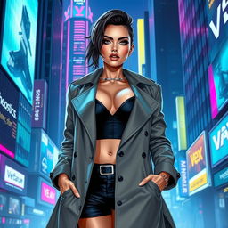 A voluptuous woman in a cyberpunk universe, wearing stylish corporate attire complemented with a sleek trench coat, representing the futuristic corporation 'Vex Diagnostics'