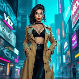 A voluptuous woman in a cyberpunk universe, wearing stylish corporate attire complemented with a sleek trench coat, representing the futuristic corporation 'Vex Diagnostics'