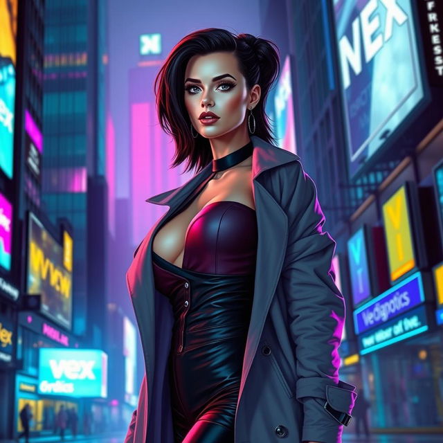 A voluptuous woman in a cyberpunk universe, wearing stylish corporate attire complemented with a sleek trench coat, representing the futuristic corporation 'Vex Diagnostics'