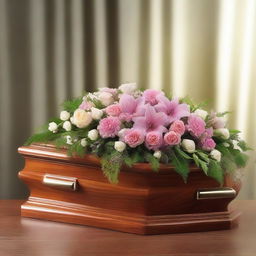 A solemn image of a tasteful, polished wooden funeral casket adorned with lush, fresh flowers and set against a soothing, dimly-lit background.