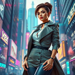 A voluptuous woman in a cyberpunk universe, wearing stylish corporate attire complemented with a sleek trench coat, representing the futuristic corporation 'Vex Diagnostics'