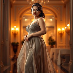 A brunette, curvy, and slightly chubby woman, wearing an exquisite luxury evening dress that flows gracefully, accentuating her figure