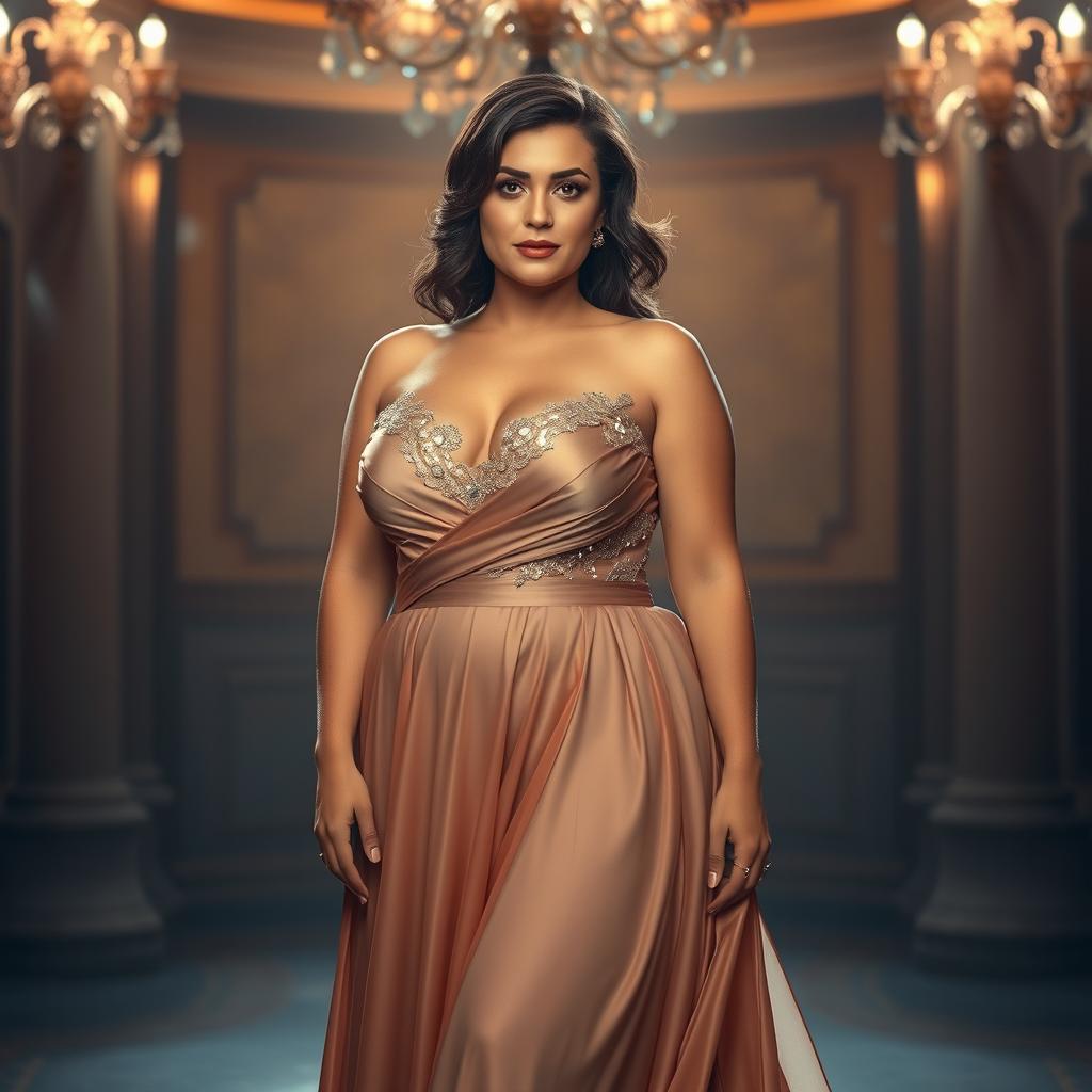 A brunette, curvy, and slightly chubby woman, wearing an exquisite luxury evening dress that flows gracefully, accentuating her figure