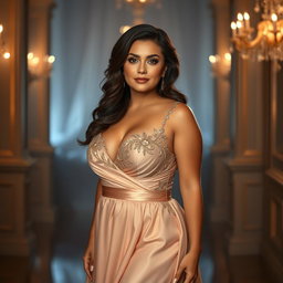 A brunette, curvy, and slightly chubby woman, wearing an exquisite luxury evening dress that flows gracefully, accentuating her figure