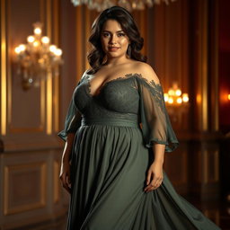 A brunette, curvy, and slightly chubby woman, wearing an exquisite luxury evening dress that flows gracefully, accentuating her figure
