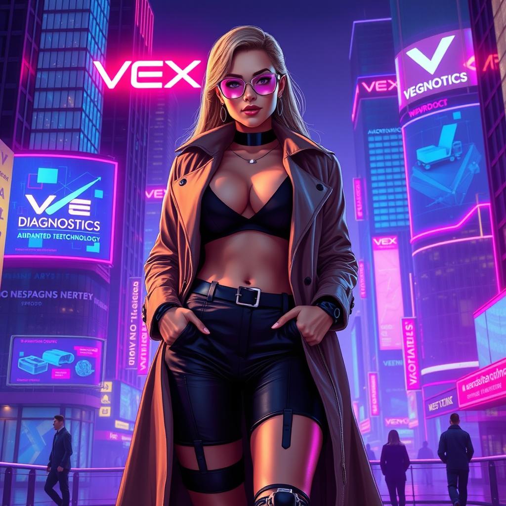 A voluptuous woman in a cyberpunk universe, dressed in sleek corporate attire along with a stylish trench coat, serving as a representative of the corporation 'Vex Diagnostics'