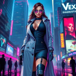 A voluptuous woman in a cyberpunk universe, dressed in sleek corporate attire along with a stylish trench coat, serving as a representative of the corporation 'Vex Diagnostics'