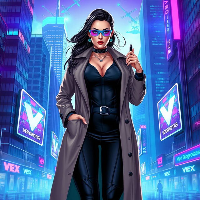 A voluptuous woman in a cyberpunk universe, dressed in sleek corporate attire along with a stylish trench coat, serving as a representative of the corporation 'Vex Diagnostics'