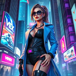 A voluptuous woman in a cyberpunk universe, dressed in sleek corporate attire along with a stylish trench coat, serving as a representative of the corporation 'Vex Diagnostics'