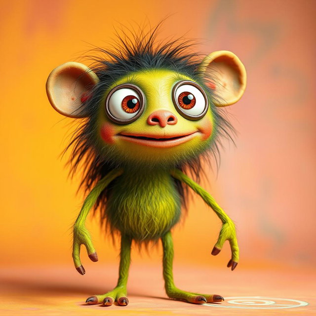 A whimsical creature with a hairy, skinny build, featuring two legs and a vibrant green body