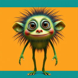 A whimsical creature with a hairy, skinny build, featuring two legs and a vibrant green body