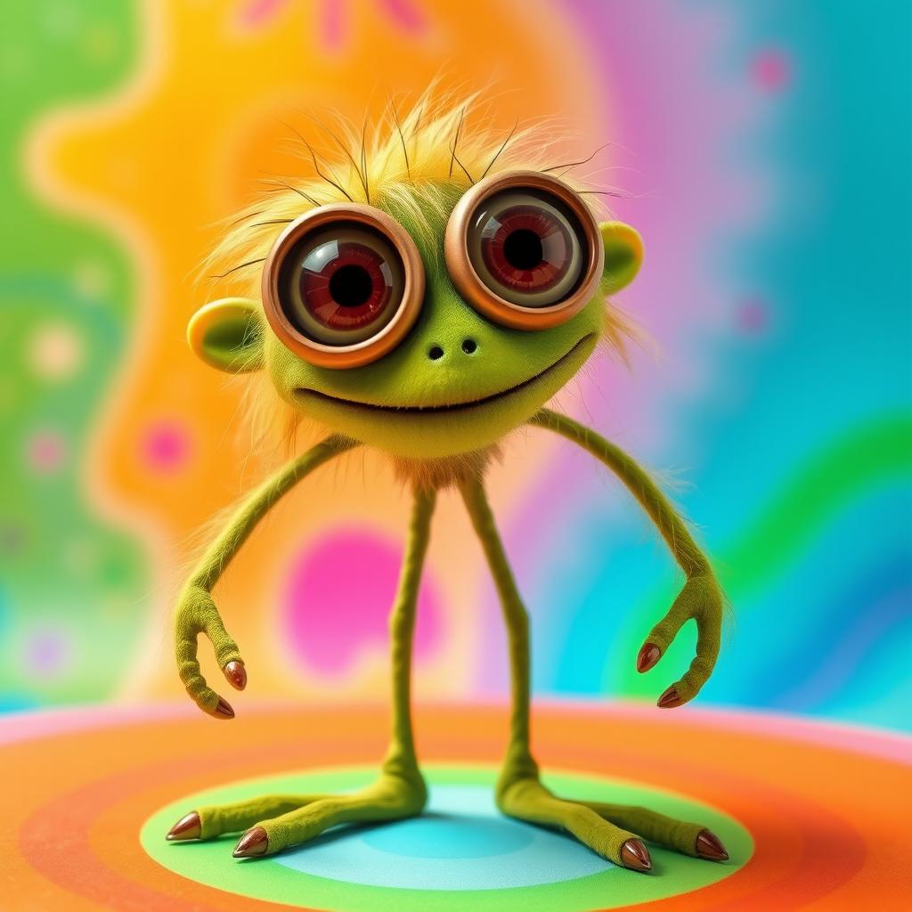 A whimsical creature with a hairy, skinny build, featuring two legs and a vibrant green body