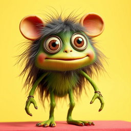 A whimsical creature with a hairy, skinny build, featuring two legs and a vibrant green body