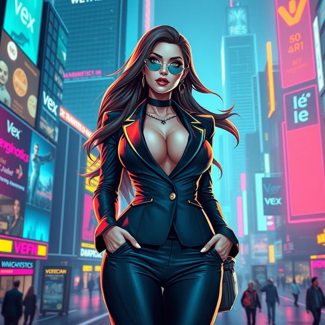 A voluptuous woman in a cyberpunk universe, dressed in sleek, futuristic corporate attire representing the 'Vex Diagnostics' corporation