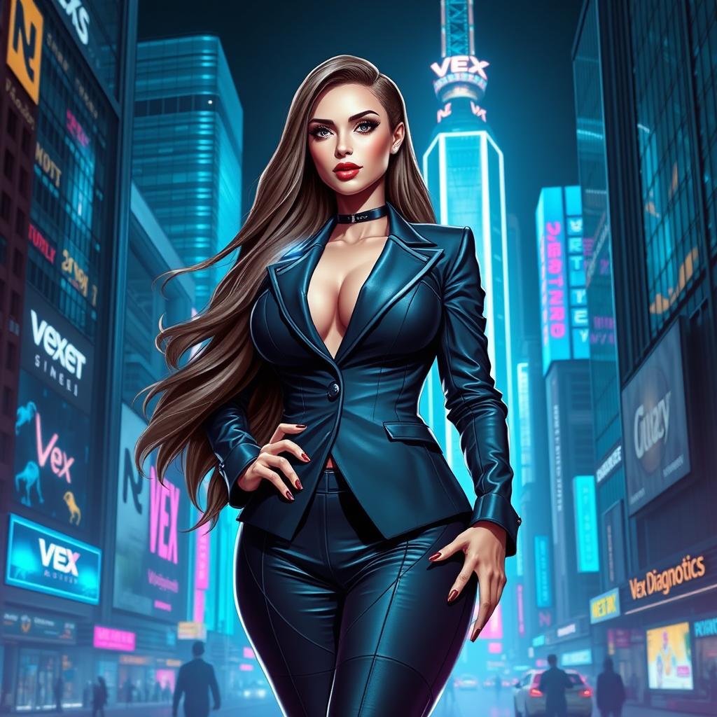 A voluptuous woman in a cyberpunk universe, dressed in sleek, futuristic corporate attire representing the 'Vex Diagnostics' corporation