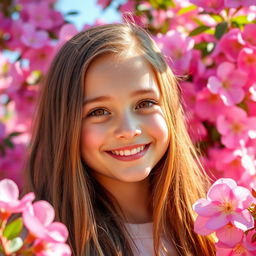 A beautiful girl with long flowing hair is smiling joyfully, surrounded by a vibrant backdrop of pink flowers in full bloom