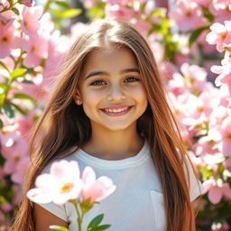 A beautiful girl with long flowing hair is smiling joyfully, surrounded by a vibrant backdrop of pink flowers in full bloom