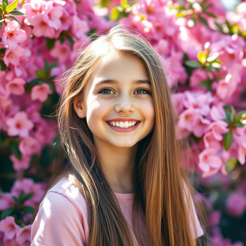 A beautiful girl with long flowing hair is smiling joyfully, surrounded by a vibrant backdrop of pink flowers in full bloom