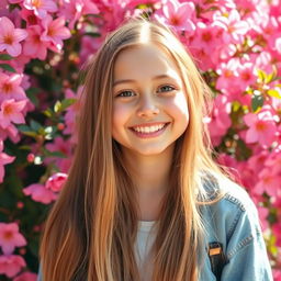 A beautiful girl with long flowing hair is smiling joyfully, surrounded by a vibrant backdrop of pink flowers in full bloom