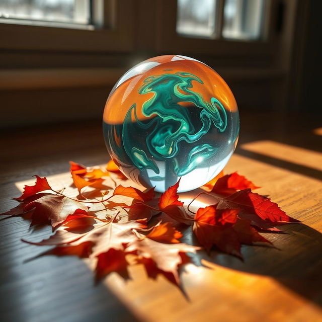 A beautifully detailed image of a transparent crystal sphere resting on a polished wooden surface