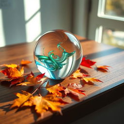 A beautifully detailed image of a transparent crystal sphere resting on a polished wooden surface