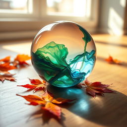 A beautifully detailed image of a transparent crystal sphere resting on a polished wooden surface
