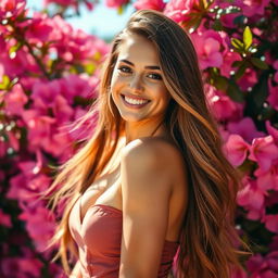 A beautiful and sexy girl with long flowing hair is smiling confidently, surrounded by a vibrant backdrop of pink flowers in full bloom