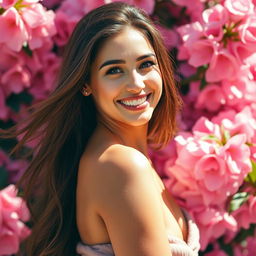 A beautiful and sexy girl with long flowing hair is smiling confidently, surrounded by a vibrant backdrop of pink flowers in full bloom