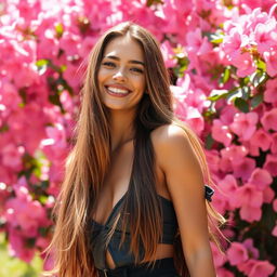 A beautiful and sexy girl with long flowing hair is smiling confidently, surrounded by a vibrant backdrop of pink flowers in full bloom